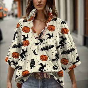 Halloween Puff Sleeve Ruffle Neck Tunic Blouse